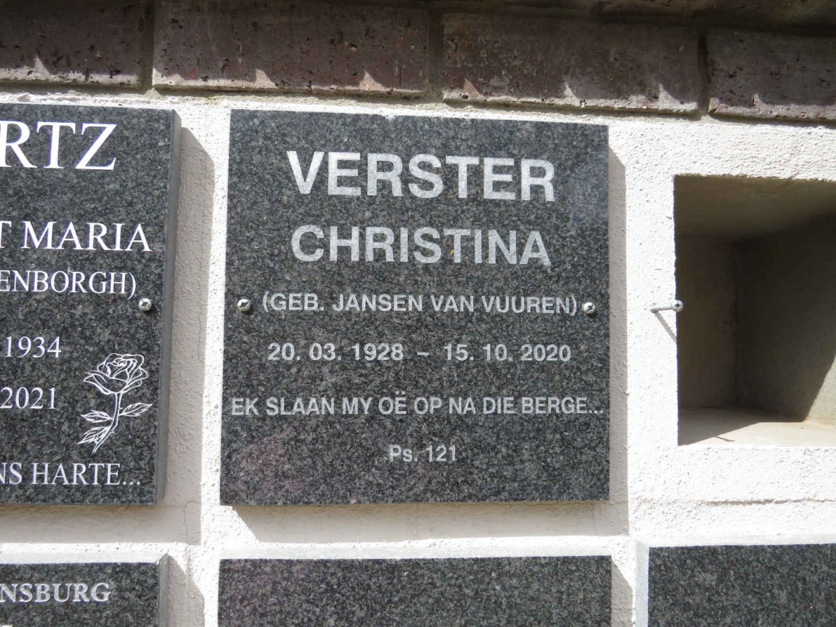 VERSTER Christina nee JANSEN VAN VUUREN 1928-2020