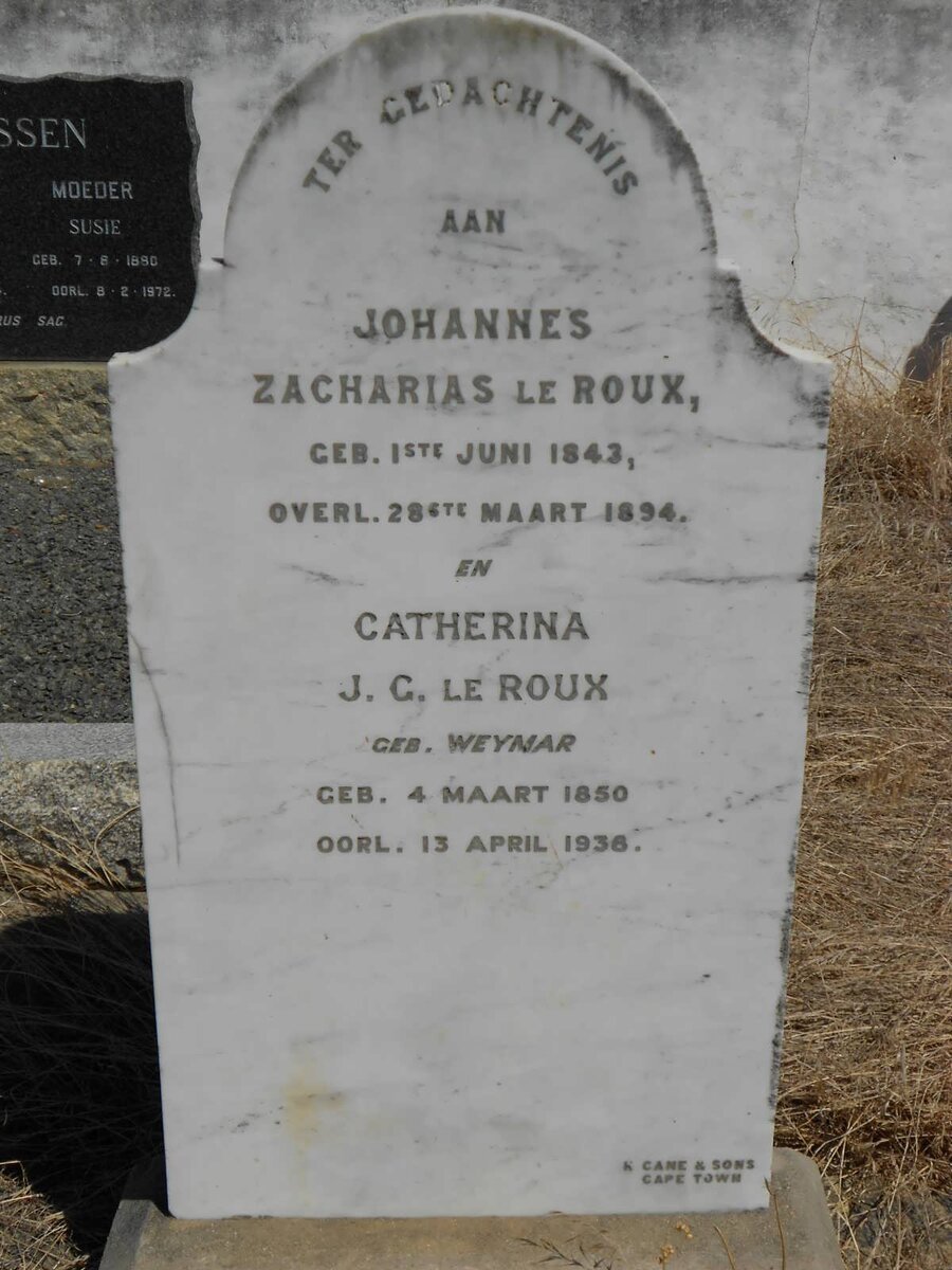 ROUX Johannes Zacharia, Le 1843-1894 &amp; Catherina J.G. WEYMAR 1850-1936