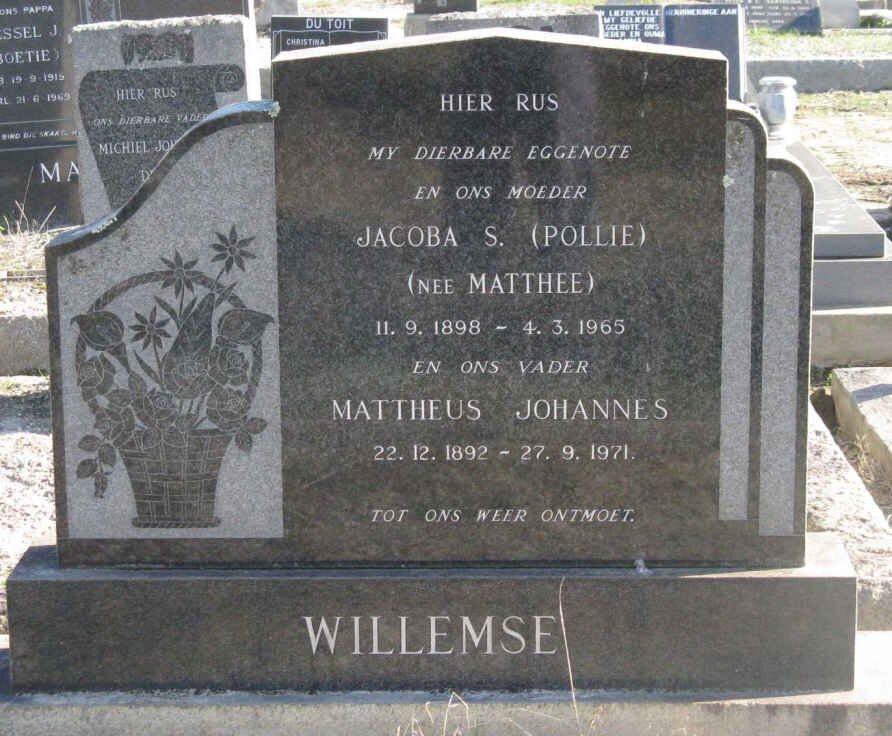 WILLEMSE Mattheus Johannes 1892-1971 &amp; Jacoba S. MATTHEE 1898-1965