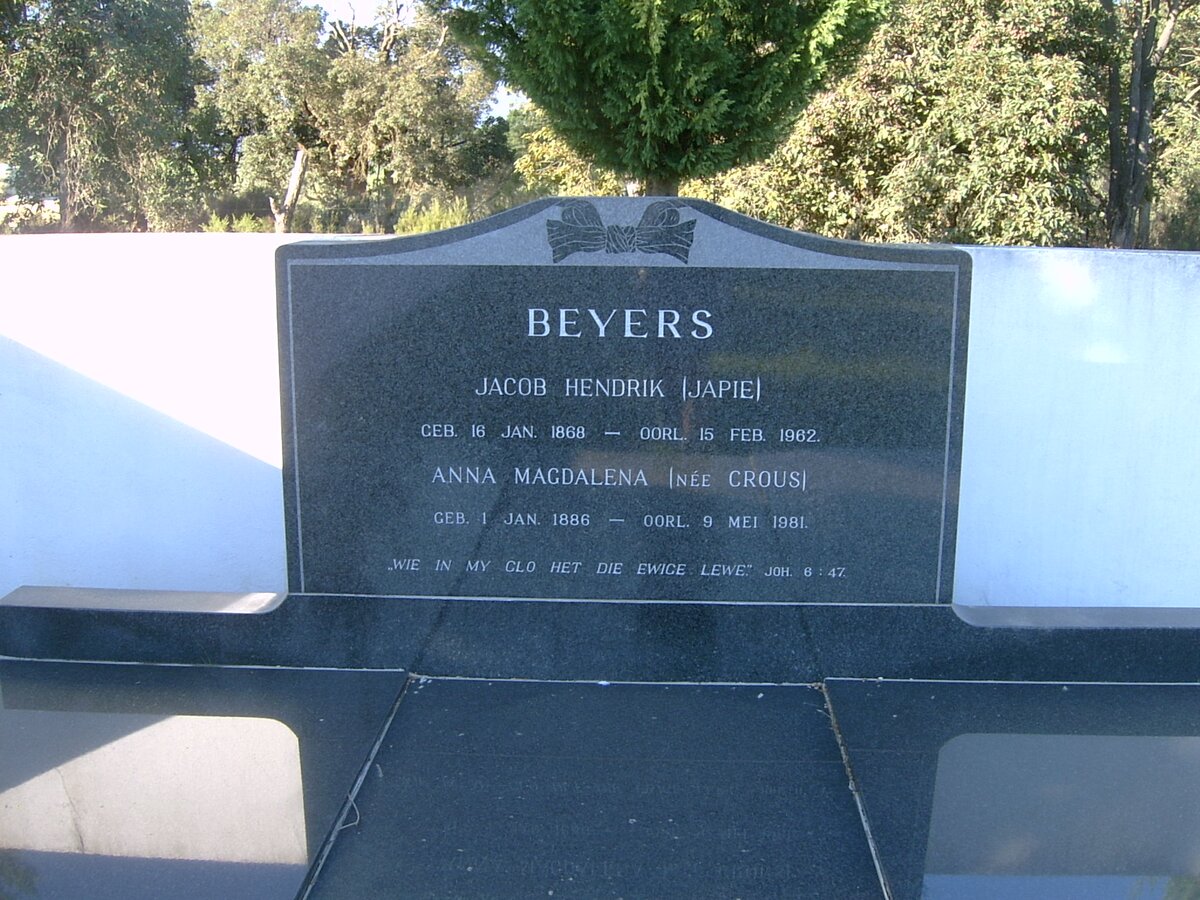 BEYERS Jacob Hendrik 1868-1962 &amp; Anna Magdalena CROUS 1886-1981