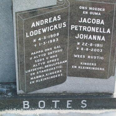 BOTES Andreas Lodewickus 1908-1993 &amp; Jacoba Petronella Johanna 1911-2003