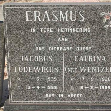 ERASMUS Jacobus Lodewikus 1939-1989 &amp; Catrina WENTZEL 1936-1989