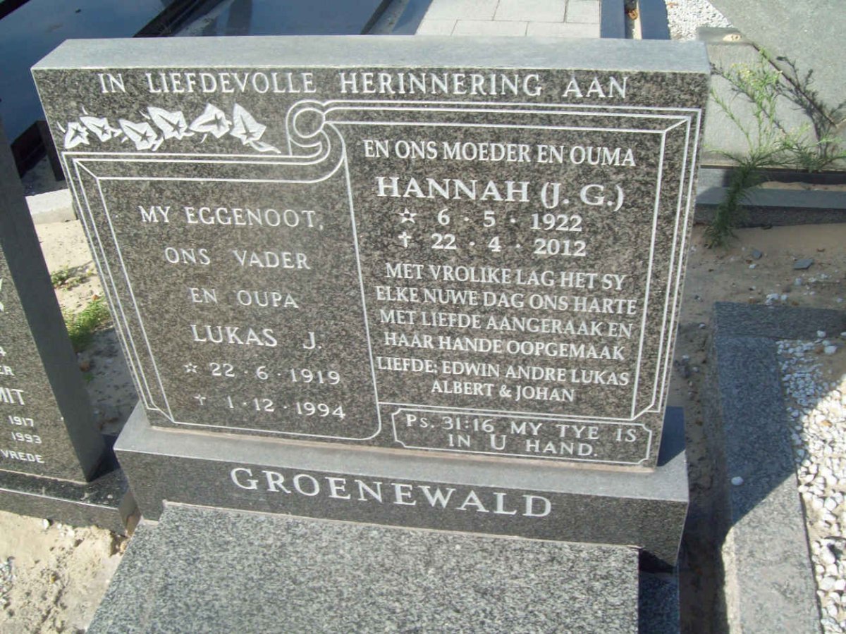 GROENEWALD Lukas J. 1919-1994 &amp; J.G. 1922-2012