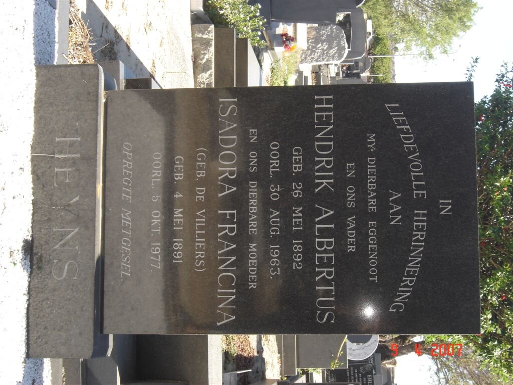 HEYNS Hendrik Albertus 1892-1963 &amp; Isadora Francina DE VILLIERS 1891-1977