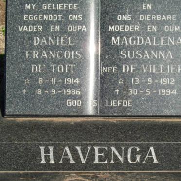 HAVENGA Daniel Francois Du Toit 1914-1986 &amp; Magdalena Susanna DE VILLIERS 1912-1994