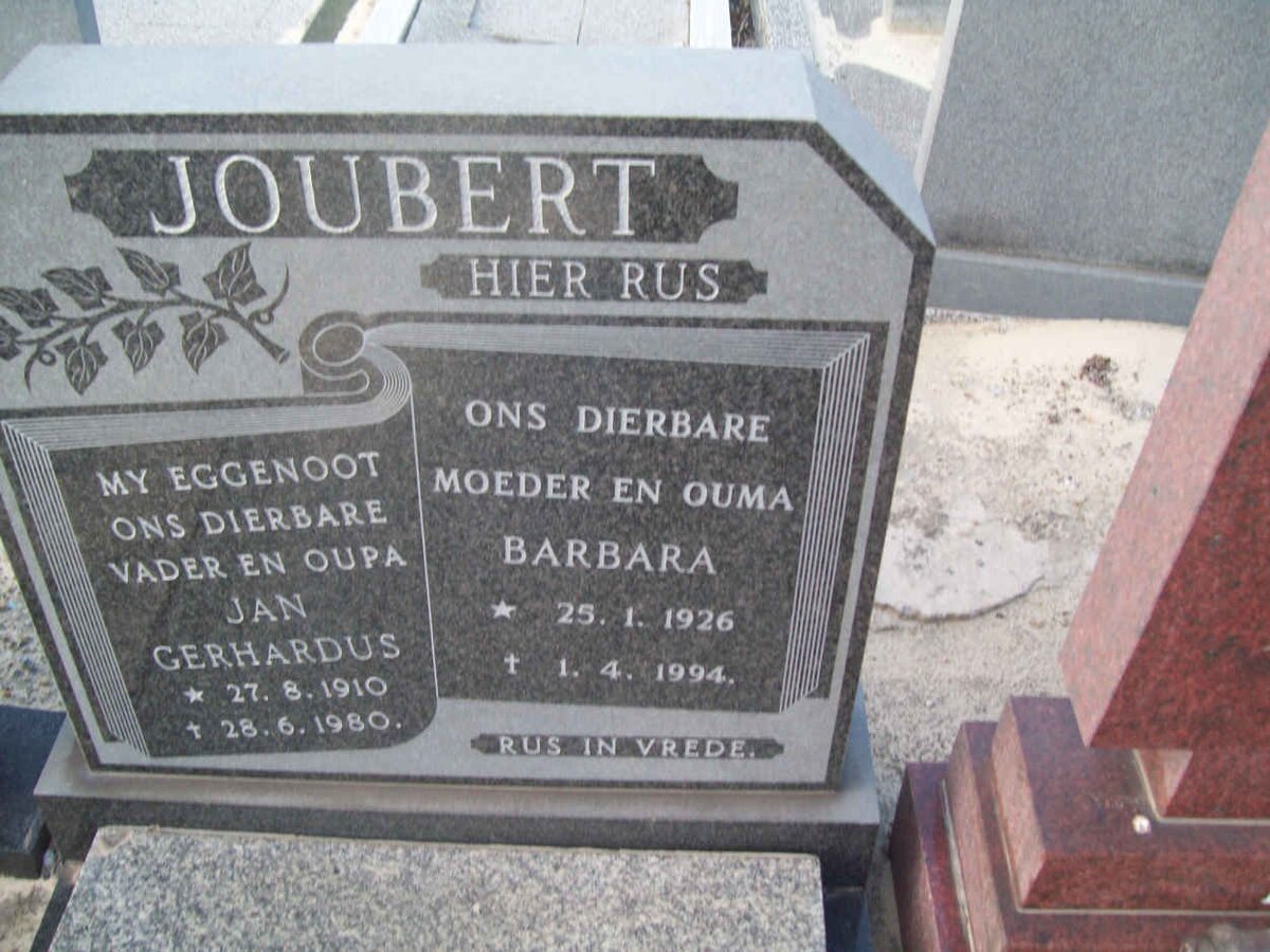 JOUBERT Jan Gerhardus 1910-1980 &amp; Barbara 1926-1994