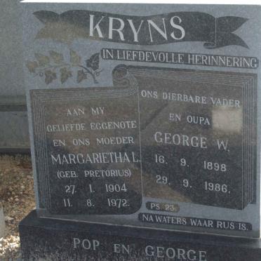 KRYNS George W. 1898-1986 &amp; Margaretha PRETORIUS 1904-1972