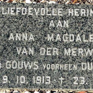 MERWE Anna Magdalena, van der formerly DUVENHAGE nee GOUWS 1913-1989