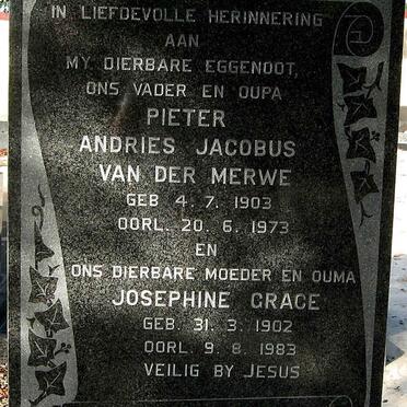 MERWE Pieter Andries Jacobus, van der 1903-1973 &amp; Josephine Grace 1902-1983