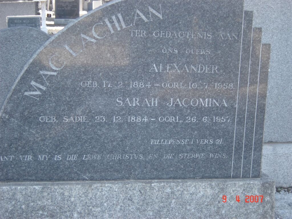 MACLACHLAN Alexander 1884-1958 &amp; Sarah Jacomina 1884-1957