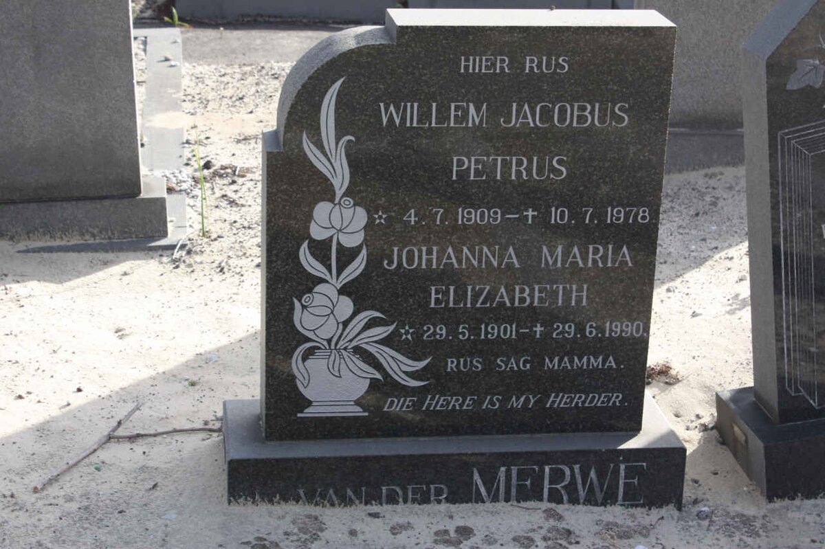 MERWE Willem Jacobus Petrus, van der 1909-1978 &amp; Johanna Maria Elizabeth 1901-1990