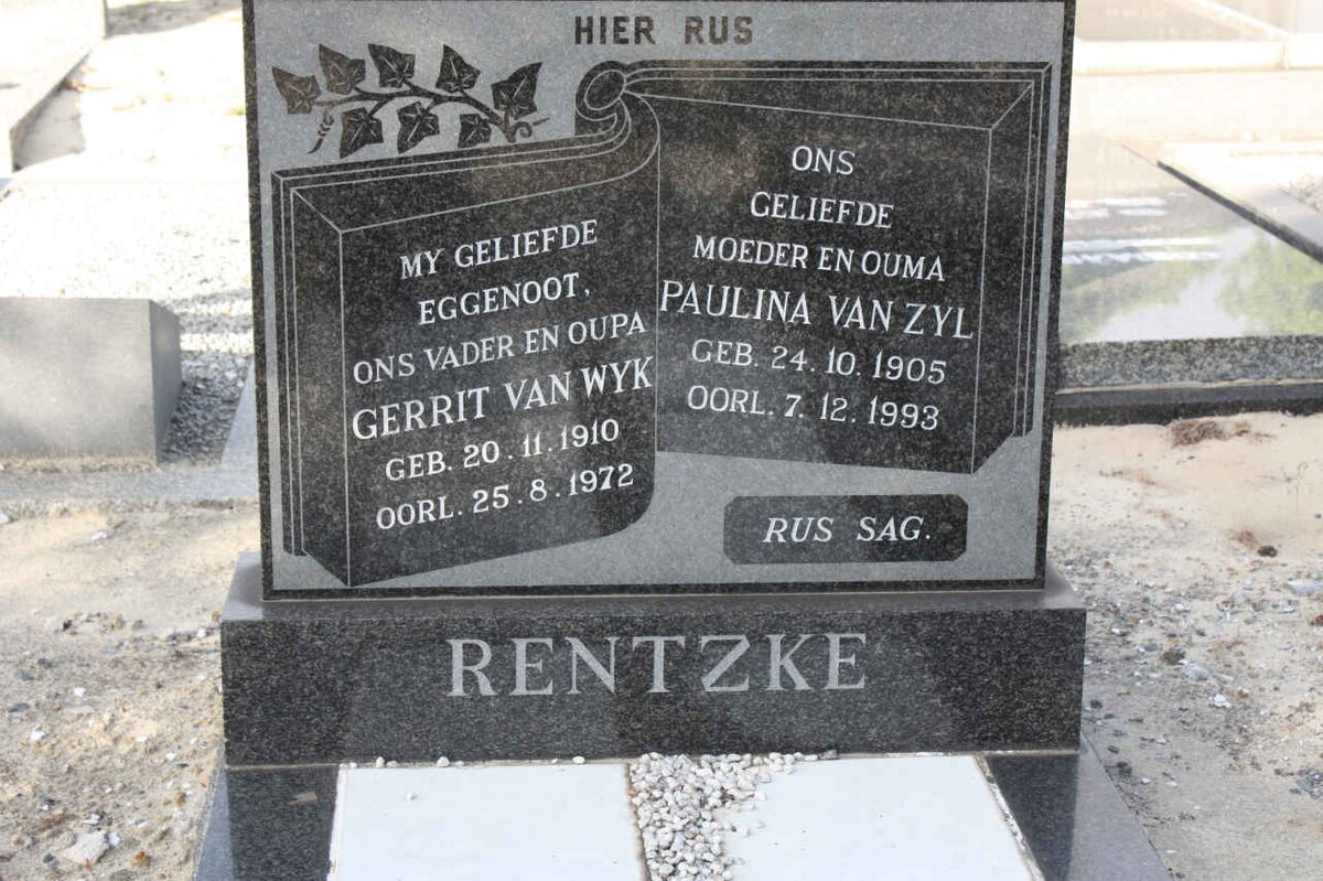 RENTZKE Gerrit Van Wyk 1910-1972 &amp; Paulina VAN ZYL 1905-1993