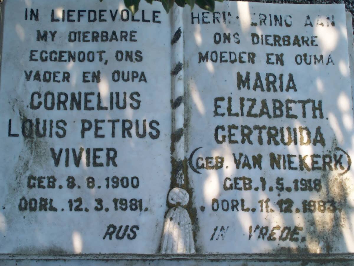 VIVIER Cornelius Louis Petrus 1900-1981 &amp; Maria Elizabeth Gertruida VAN NIEKERK 1918-1983