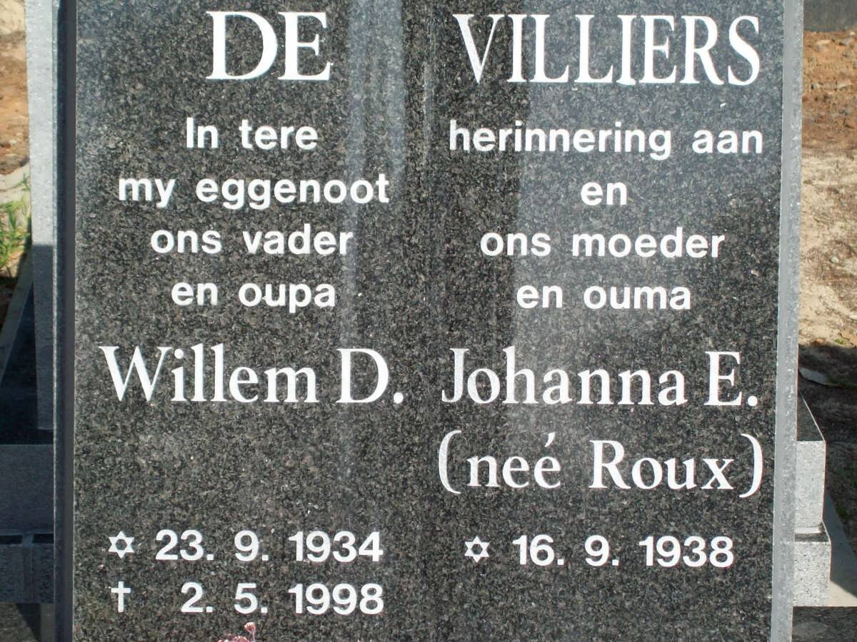 VILLIERS Willem D,. de 1934-1998 &amp; Johanna E. ROUX 1938-
