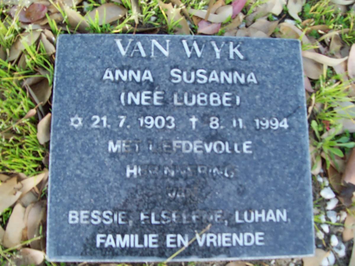 WYK Anna Susanna, van nee LUBBE 1903-1994