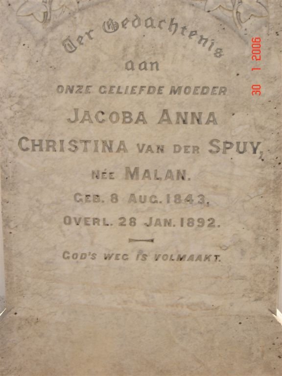 SPUY Jacoba Anna Christina, van der nee MALAN 1843-1892