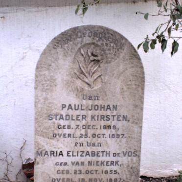 KIRSTEN Paul Johan Stadler 1888 - 1897 &amp; Maria Elizabeth DE VOS nee VAN NIEKERK 1855-1887