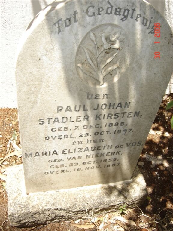 KIRSTEN Paul Johan Stadler 1888-1897 &amp; Maria Elizabeth DE VOS nee VAN NIEKERK 1855-1887