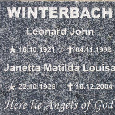 WINTERBACH Leonard John 1921-1992 &amp; Janetta Matilda Louisa 1926-2004