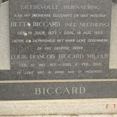 BICCARD Louis Francois 1871-1960 &amp; Hetta NEETHLING 1877-1952