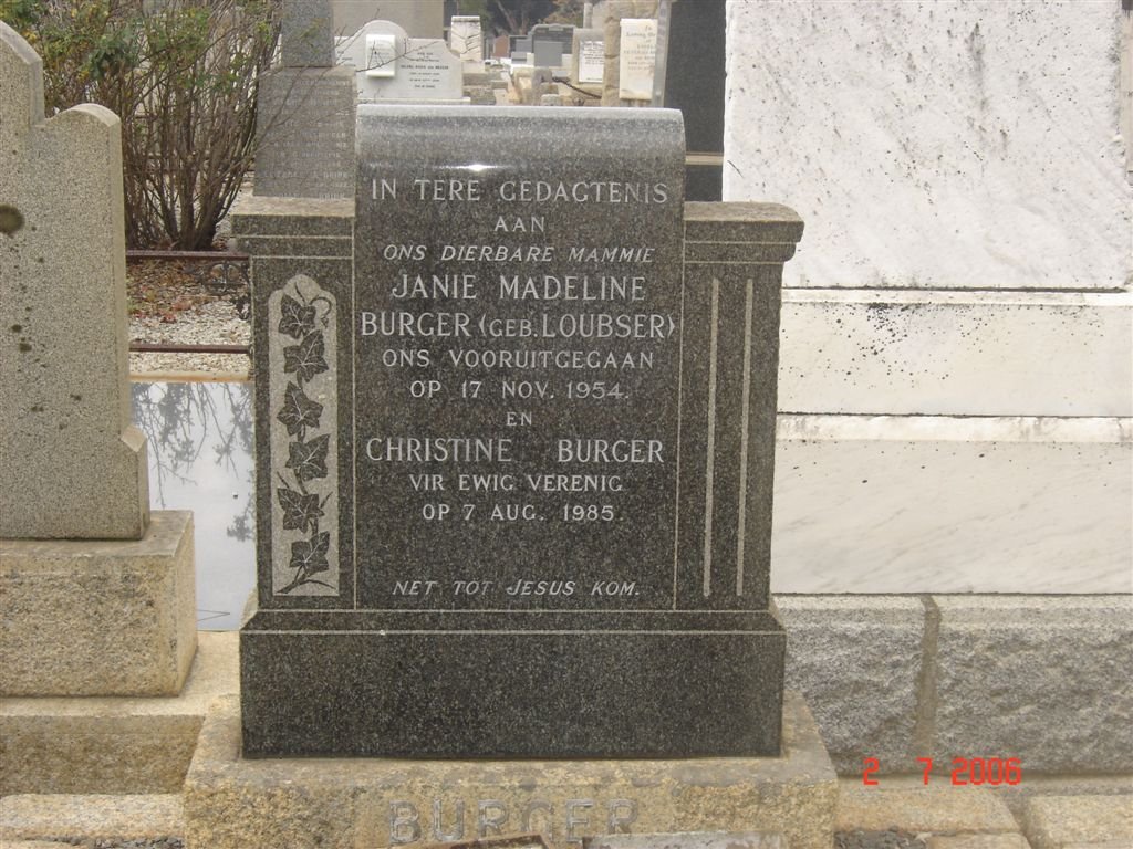 BURGER Janie Madeline nee LOUBSER -1954 :: BURGER Christine -1985