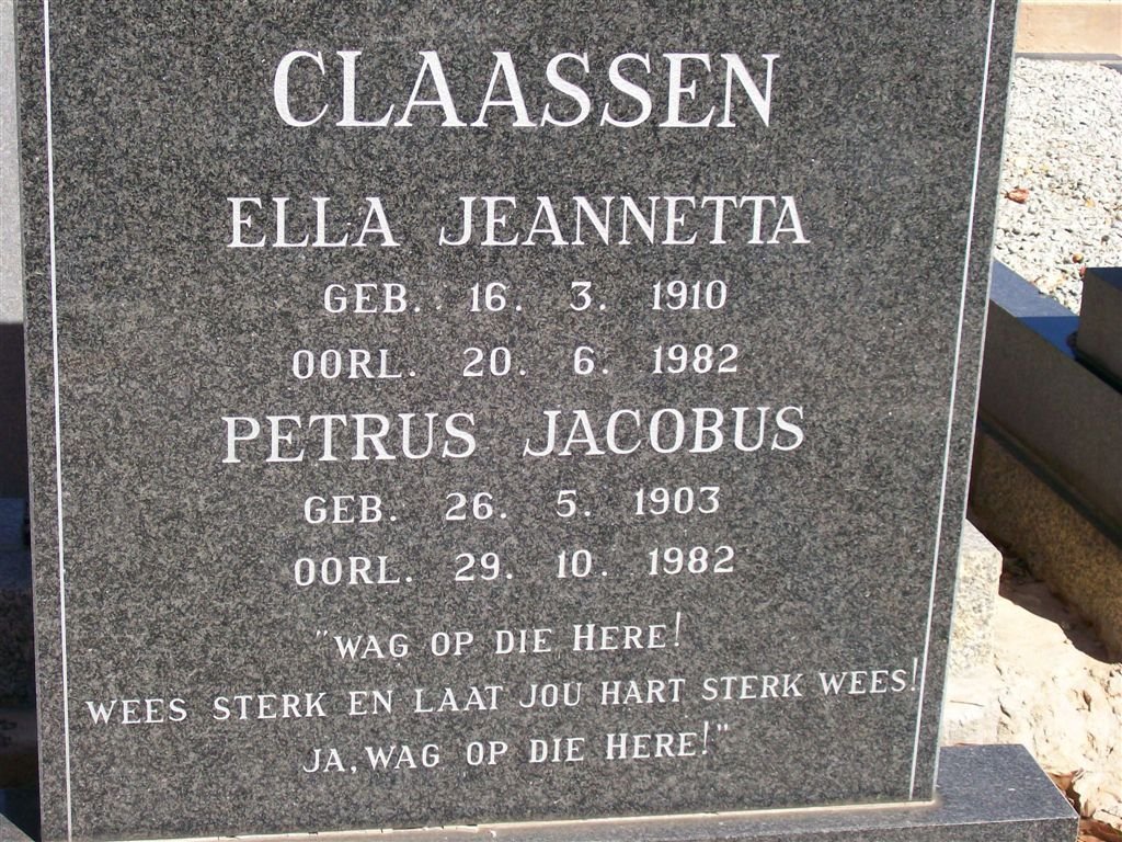 CLAASSEN Petrus Jacobus 1903-1982 &amp; Ella Jeannetta 1910-1982
