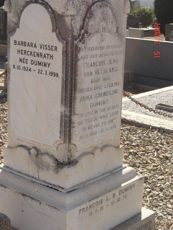 DUMINY Francois Jean van Helsland 1886-1981 &amp; Anna GRUNDLING 1900-1972