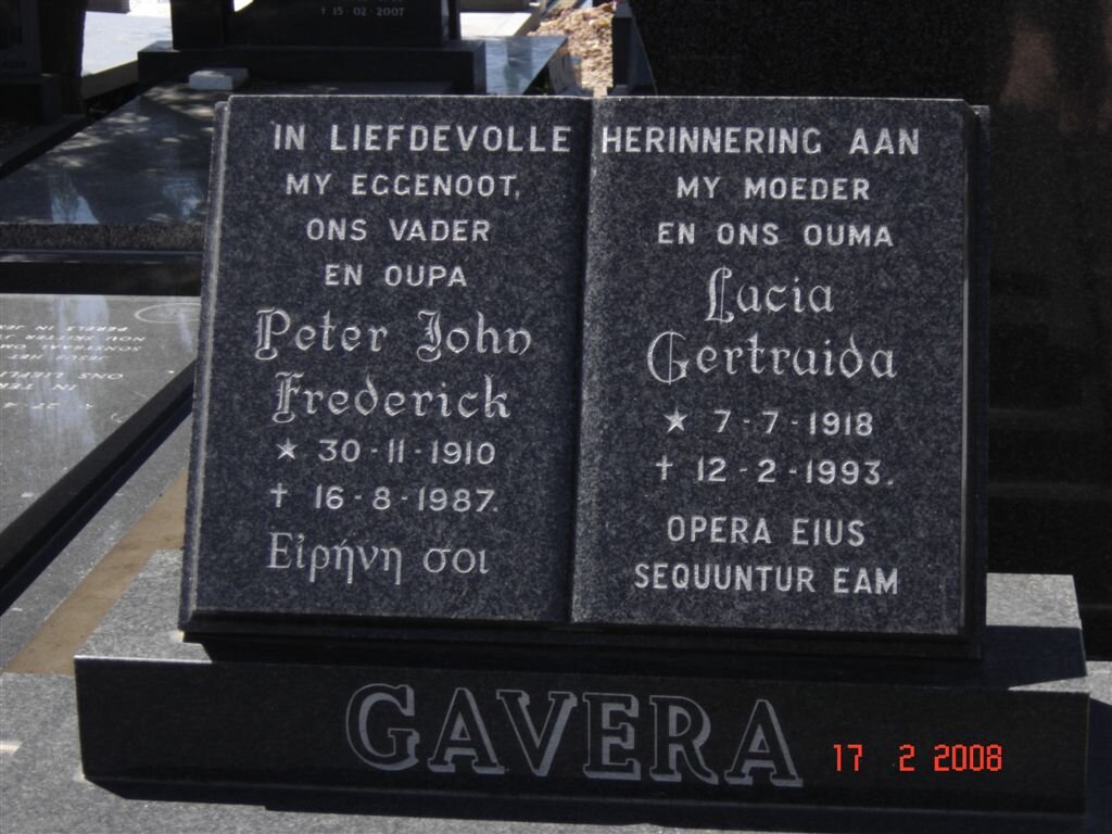 GAVERA Peter John Frederick 1910-1987 &amp; Lucia Gertruida 1918-1993