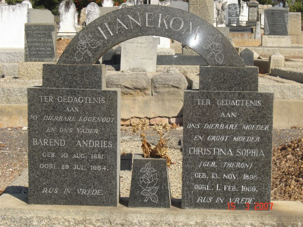 HANEKOM Barend Andries 1881-1964 &amp; Christina Sophia THERON 1895-1969