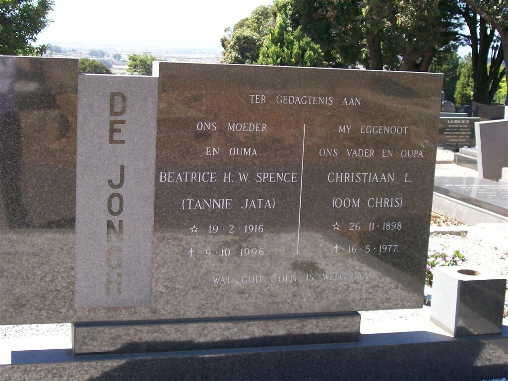 JONGH Christiaan L., de 1898-1977 &amp; Beatrice H.W. SPENCE 1916-1996