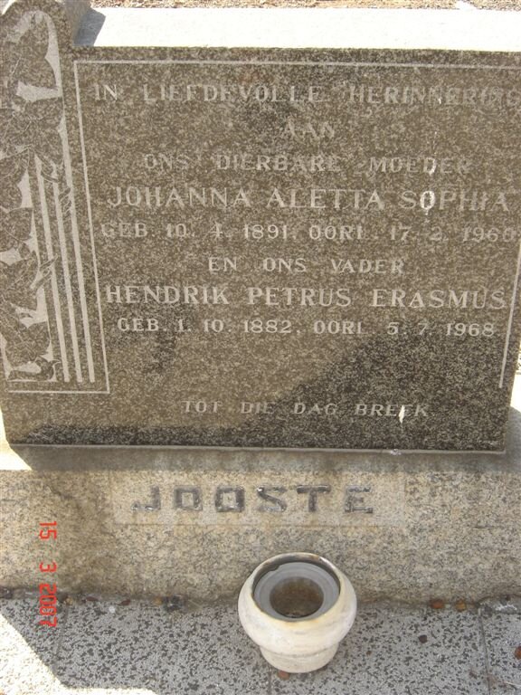 JOOSTE Hendrik Petrus Erasmus 1882-1968 &amp; Johanna Aletta Sophia 1891-1960