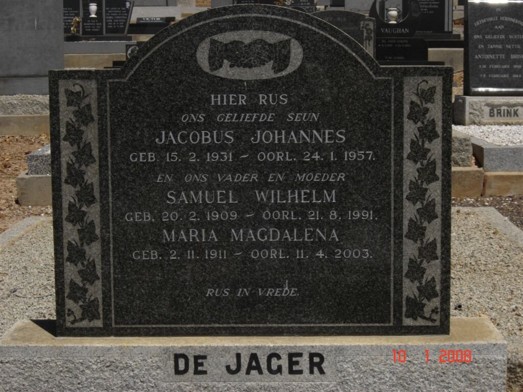 JAGER Samuel Wilhelm, de 1909-1991 &amp; Maria Magdalena 1911-2003 :: DE JAGER Jacobus Johannes 1931-1957