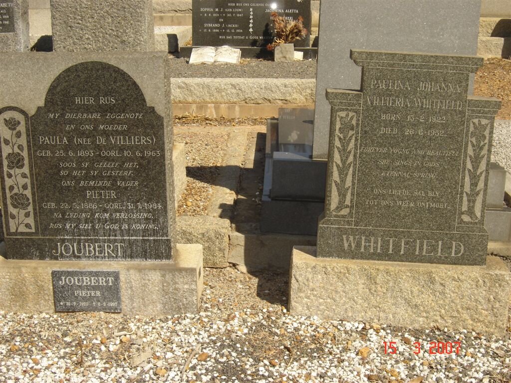 JOUBERT Pieter 1886-1984 &amp; Paula DE VILLIERS 1893-1963, JOUBERT Pieter 1928-1997, WHITFIELD Paulina Johanna Villeria 1923-19