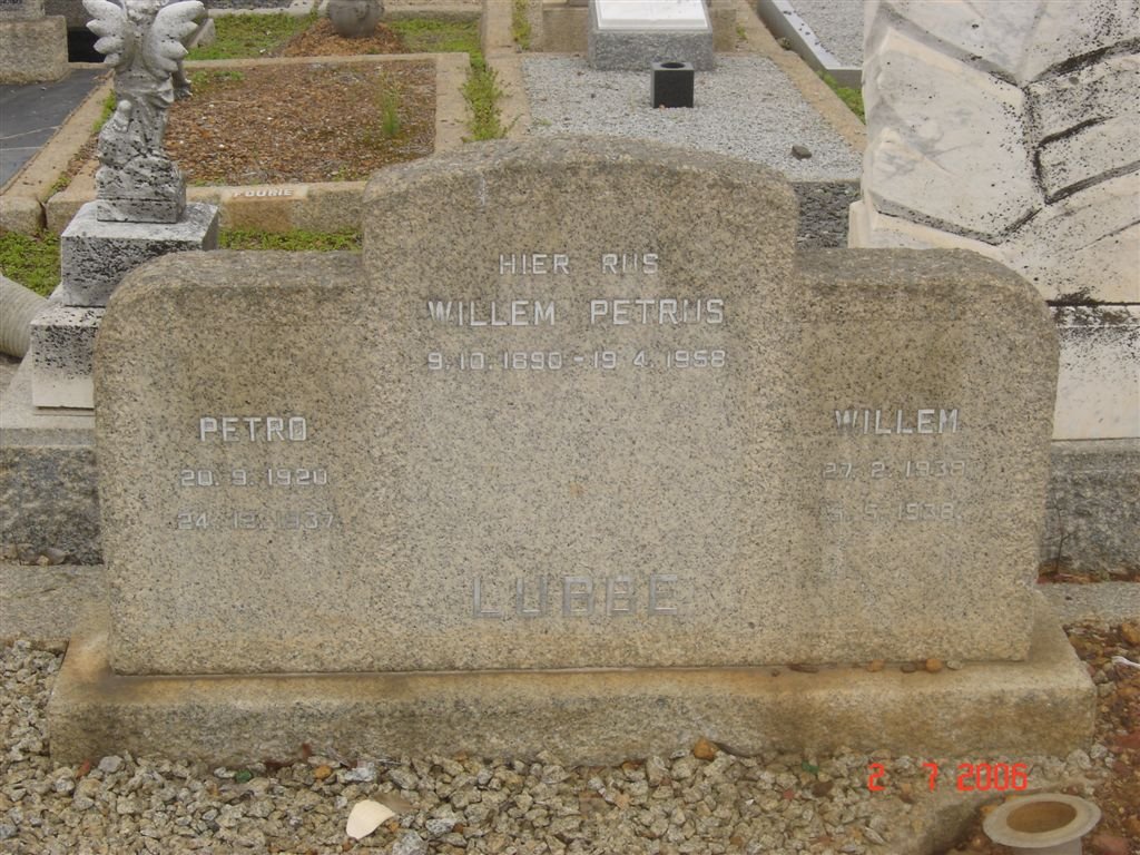 LUBBE Willem Petrus 1890-1958 :: LUBBE Petro 1920-1937 :: LUBBE Willem 1938-1938