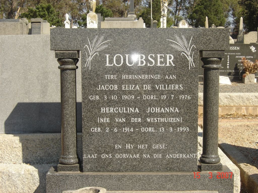 LOUBSHER Jacob Eliza de Villiers 1909-1976 &amp; Herculina Johanna VAN DER WESTHUIZEN 1914-1993