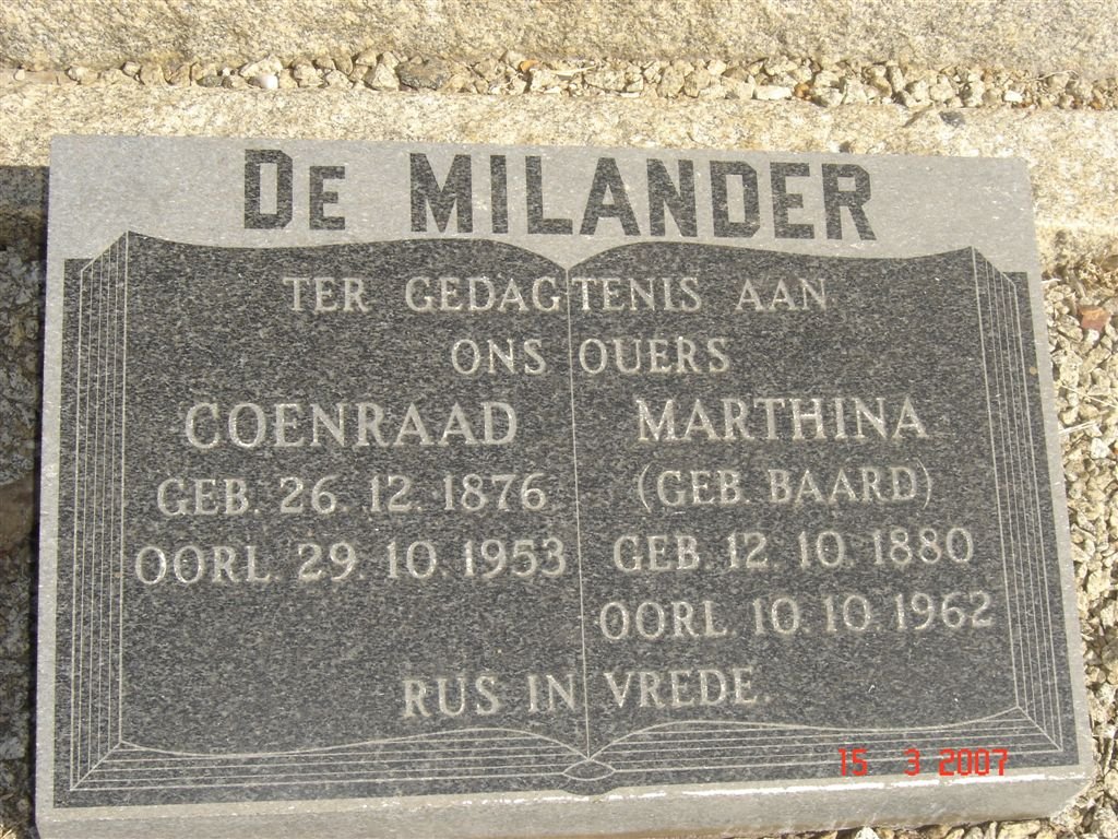 MILANDER Coenraad, de 1876-1953 &amp; Marthina BAARD 1880-1962
