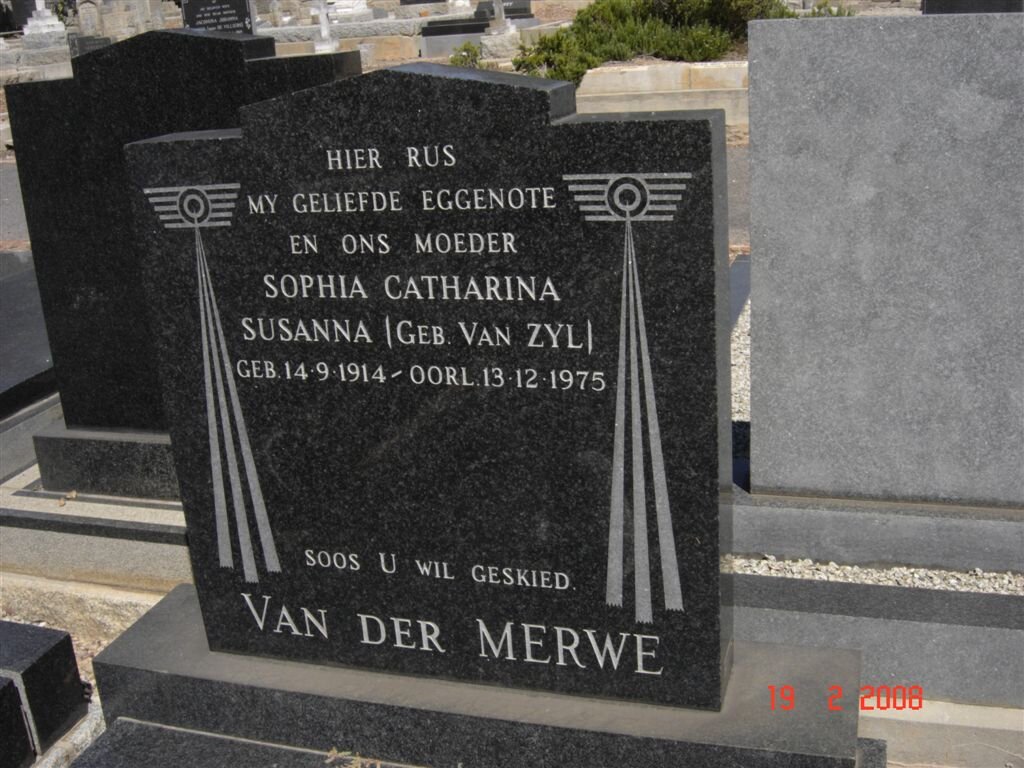 MERWE Sophia Catharina Susanna, van der nee VAN ZYL 1914-1975