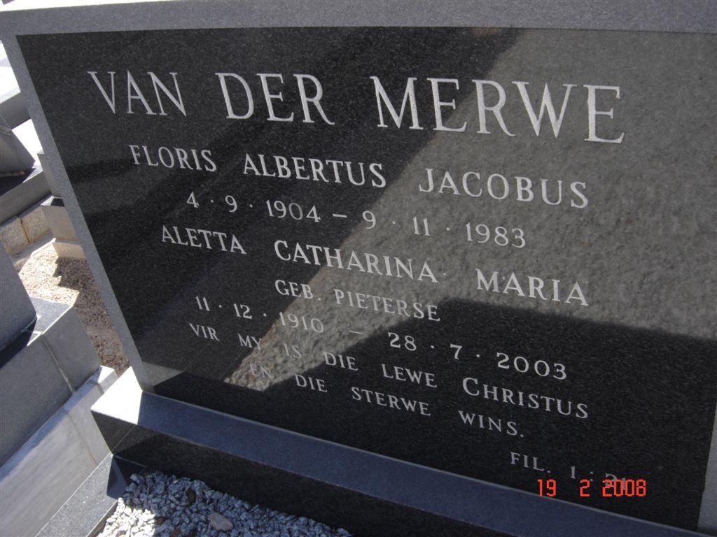MERWE Floris Albertus Jacobus, van der 1904-1983 &amp; Aletta Catharina Maria PIETERSE 1910-2003