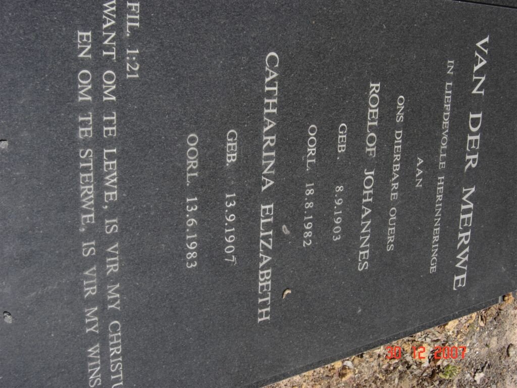 MERWE Roelof Johannes, van der 1903-1982 &amp; Catharine Elizabeth 1907-1983