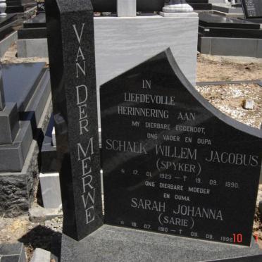 MERWE Schalk Willem Jacobus, van der 1923-1990 &amp; Sarah Johanna 1910-1996