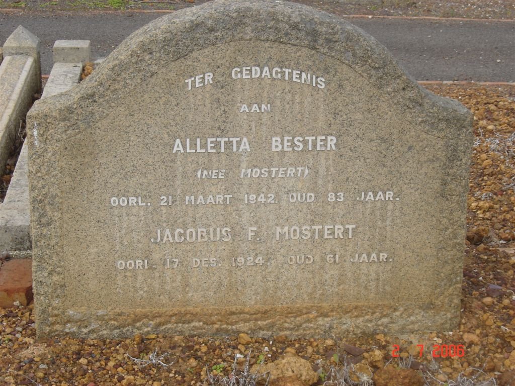 MOSTERT Jacobus F. –1924 &amp; Alletta Bester MOSTERT -1942