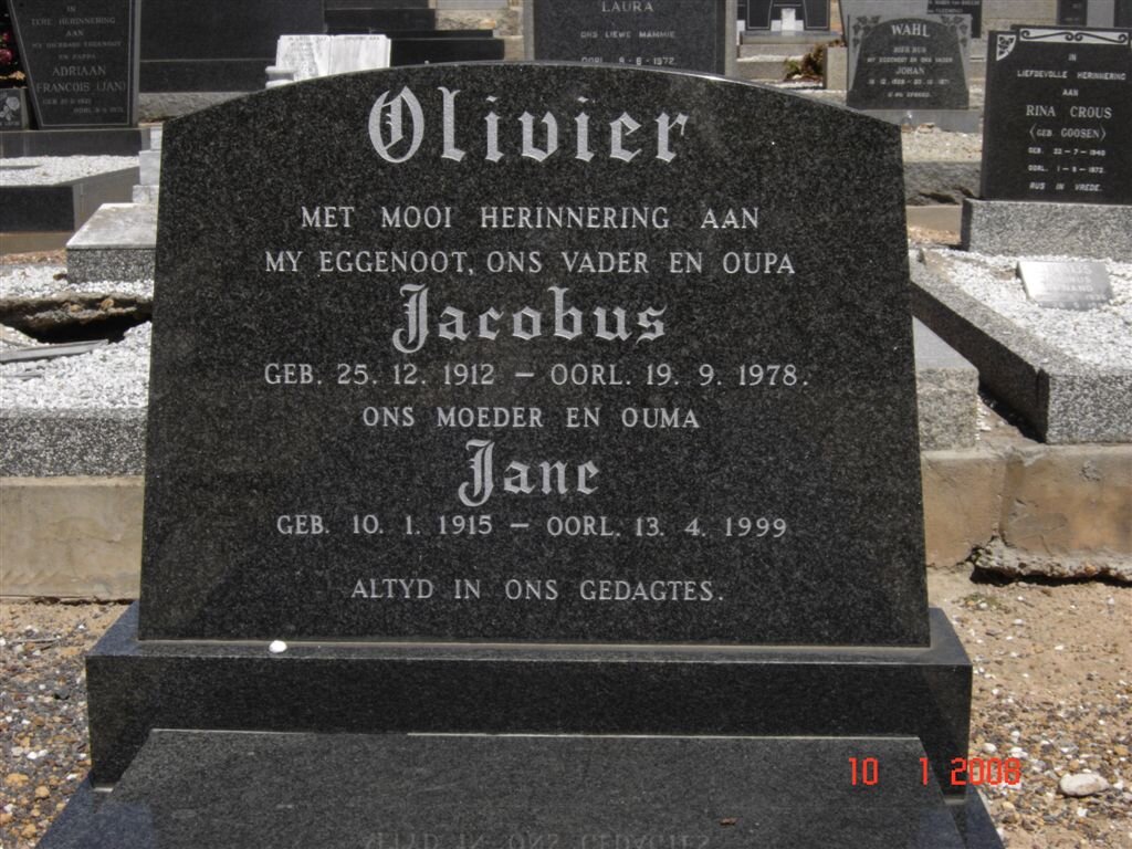 OLIVIER Jacobus 1912-1978 &amp; Jane 1915-1999