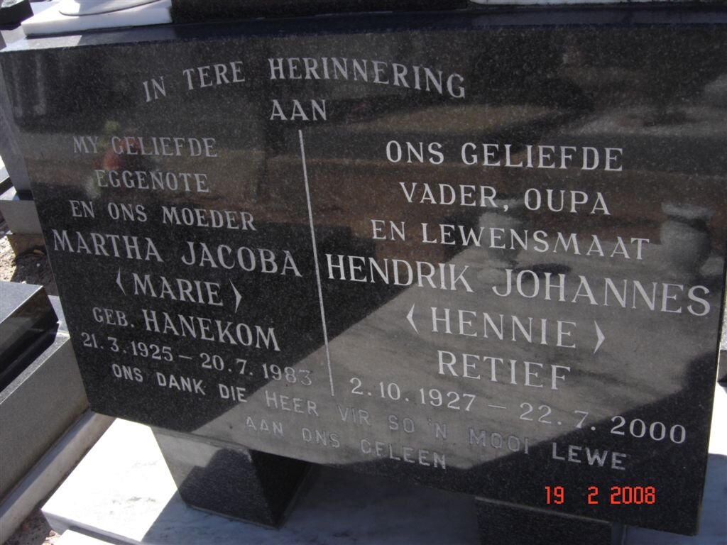 RETIEF Hendrik Johannes 1927-2000 &amp; Martha Jacoba HANEKOM 1925-1983
