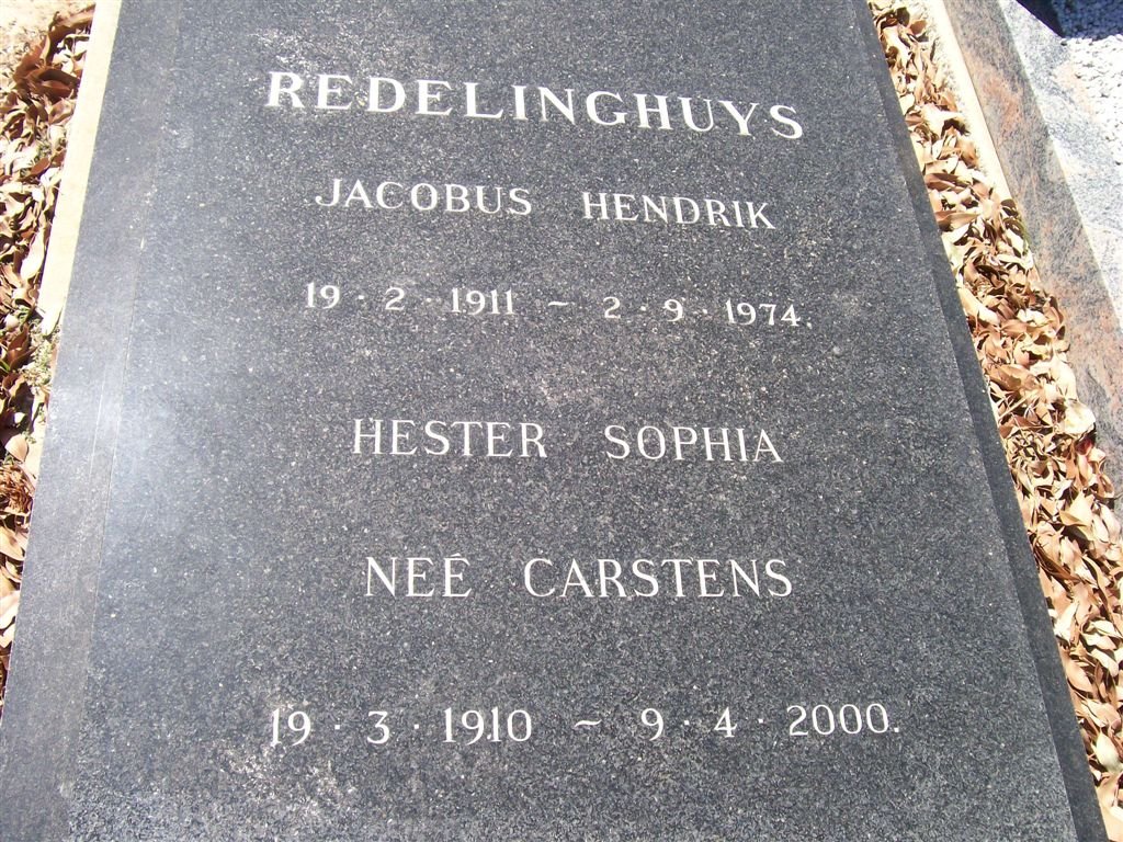 REDELINGHUYS Jacobus Hendrik 1911-1974 &amp; Hester Sophia CARSTENS 1910-2000
