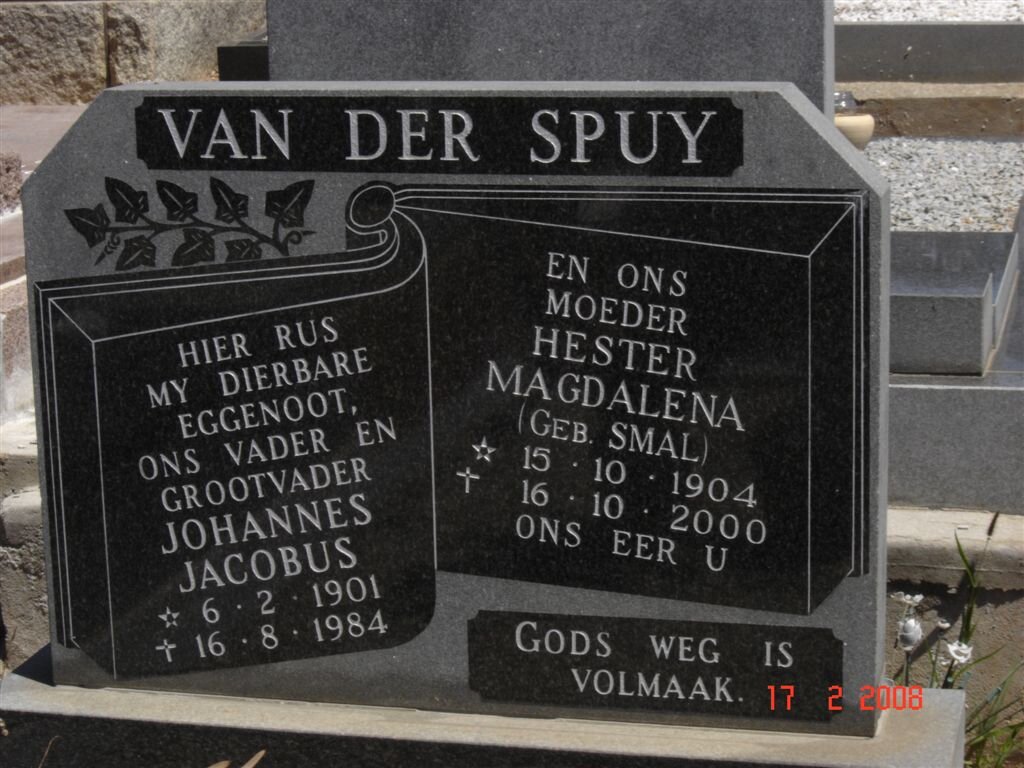 SPUY Johannes Jacobus, van der 1901-1984 &amp; Hester Magdalena SMAL 1904-2000