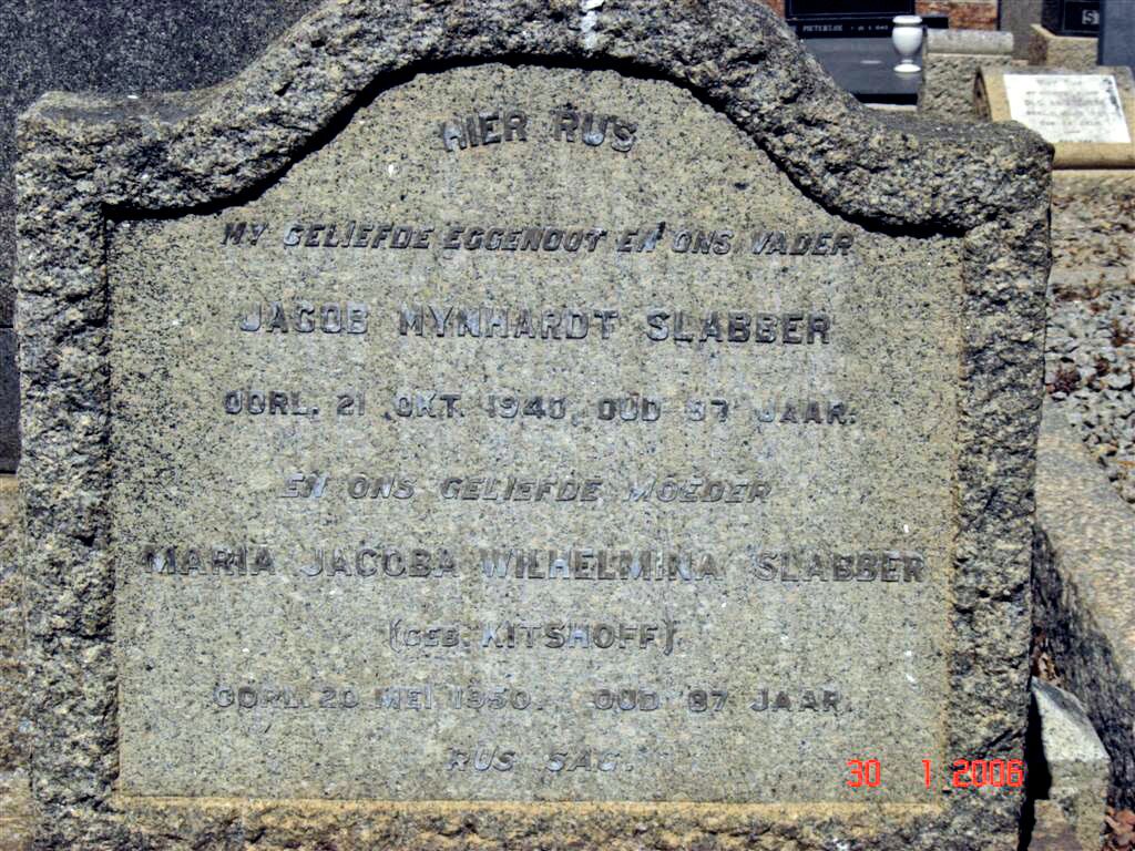 SLABBER Jacob Mynhardt –1940 &amp; Maria Jacoba Wilhelmina KITSHOFF -1950