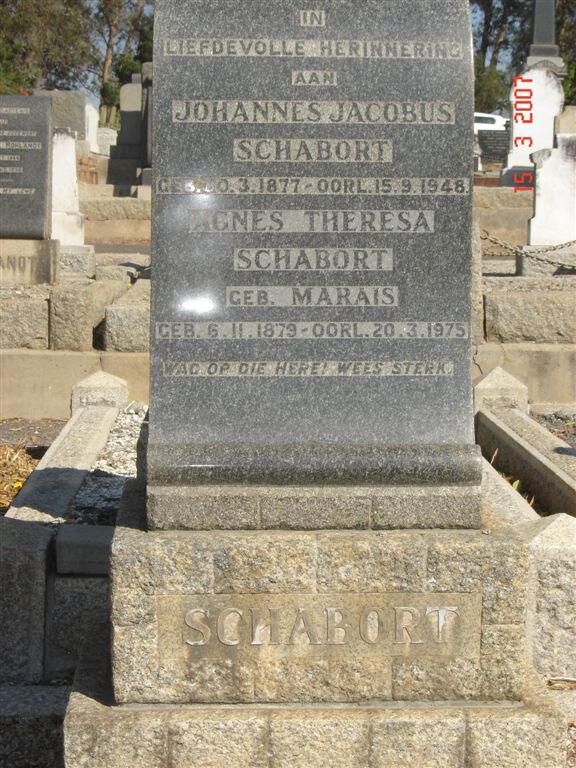 SCHABORT Johannes Jacobus 1877-1948 &amp; Agnes Theresa MARAIS 1879-1975