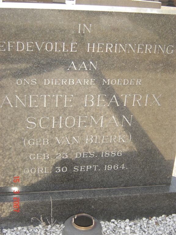 SCHOEMAN Anette Beatrix nee VAN BLERK 1886-1964