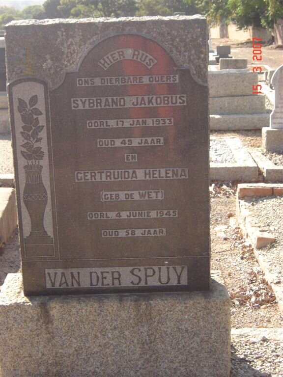 SPUY Sybrand Jakobus, van der -1933 &amp; Gertruida Helena DE WET -1945