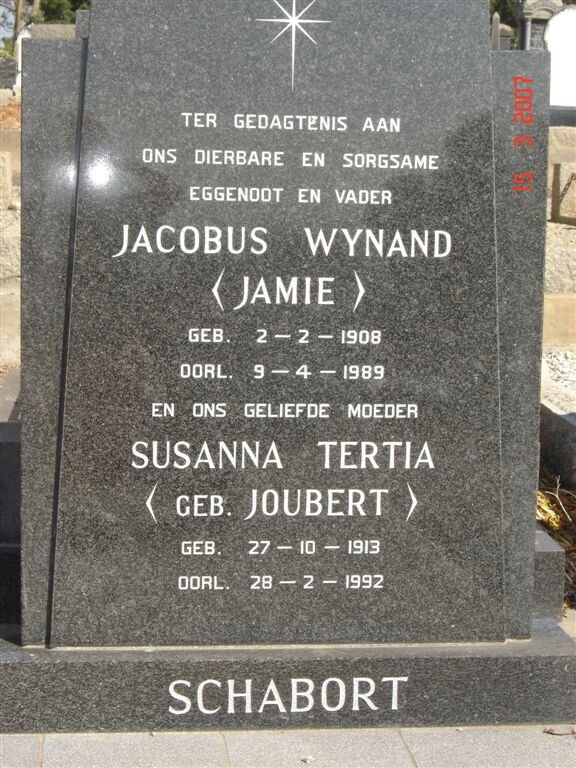 SCHABORT Jacobus Wynand 1908-1989 &amp; Susanna Tertia JOUBERT 1913-1992